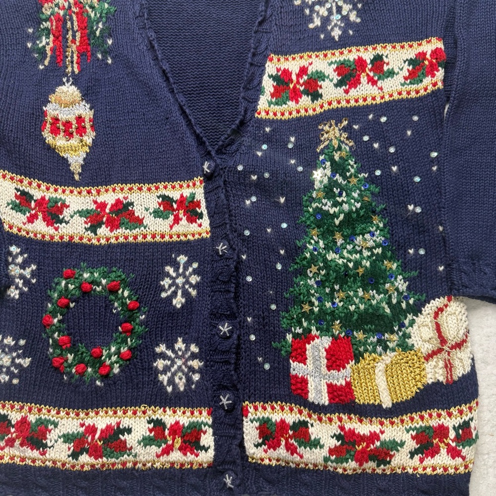 Vintage Casual Corner Blue  Holiday Christmas‎ Cardigan Sweater Large Knit - Picture 4 of 16